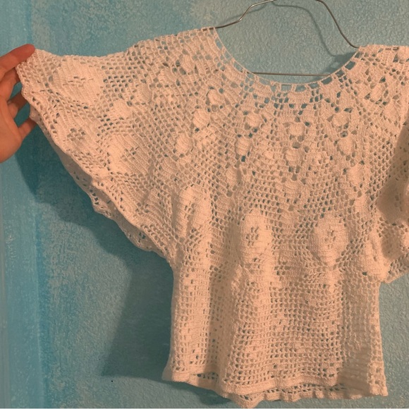 Handmade Crochet flutter sleeve shirt White FairyCore Whimsigoth Coquette small - Picture 4 of 4